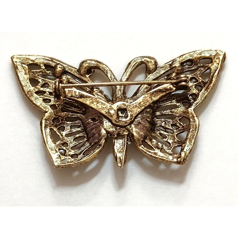 Vintage Antiqued Gold Tone Butterfly Brooch Faux Pearl Openwork Filigree Pin